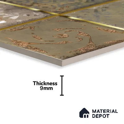 Metallic Wall Tile TL 07236 Rustic Gold 1 ft x 1 ft Ceramic Glossy Finish - 9 mm  | 2 mm Spacer is Mandatory | Suitable For Bathroom, Kitchen, Dining Area | Please Expect a Slight Variation of Pattern (Sample)